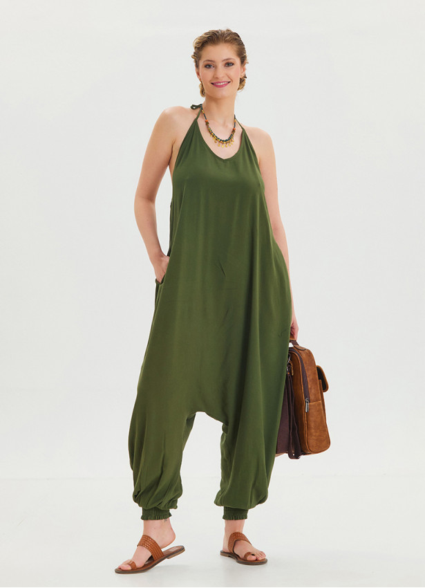 Khaki Bohemian Jumpsuit with Elasticated Legs and Tied Neck 4483